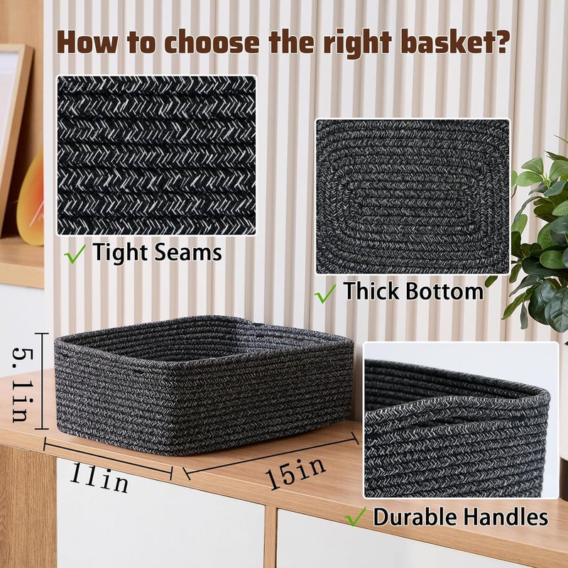 MiniArk Large Shallow Organizing Baskets 15x11x5.1 Inches - Rope Woven Storage Bins for Bathroom, Shelves, Cube Closet, Mixed Black 3 Packs - Image 2